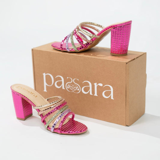 Passara pink high-heeled sandals with embellishments on a white background